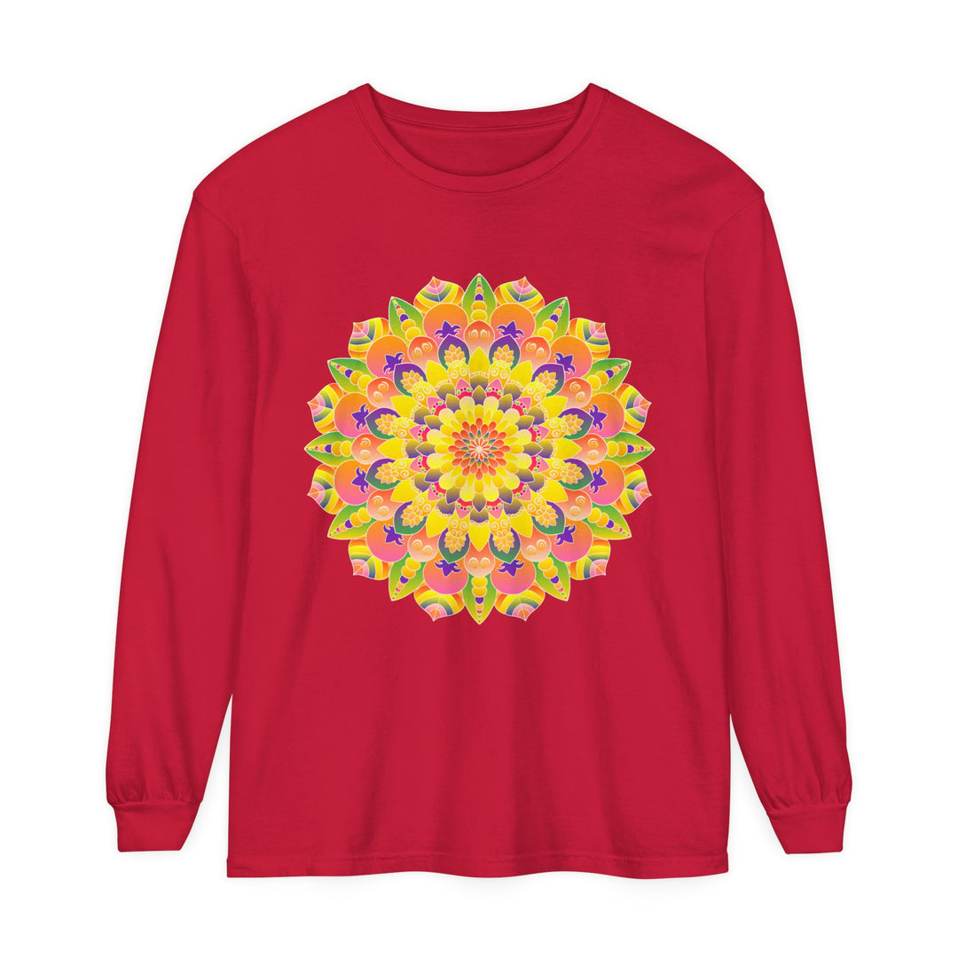 Vibrant Mandala Unisex Long Sleeve T-Shirt with colorful and intricate mandala design, perfect for both men and women, available in multiple sizes and made from high-quality materials