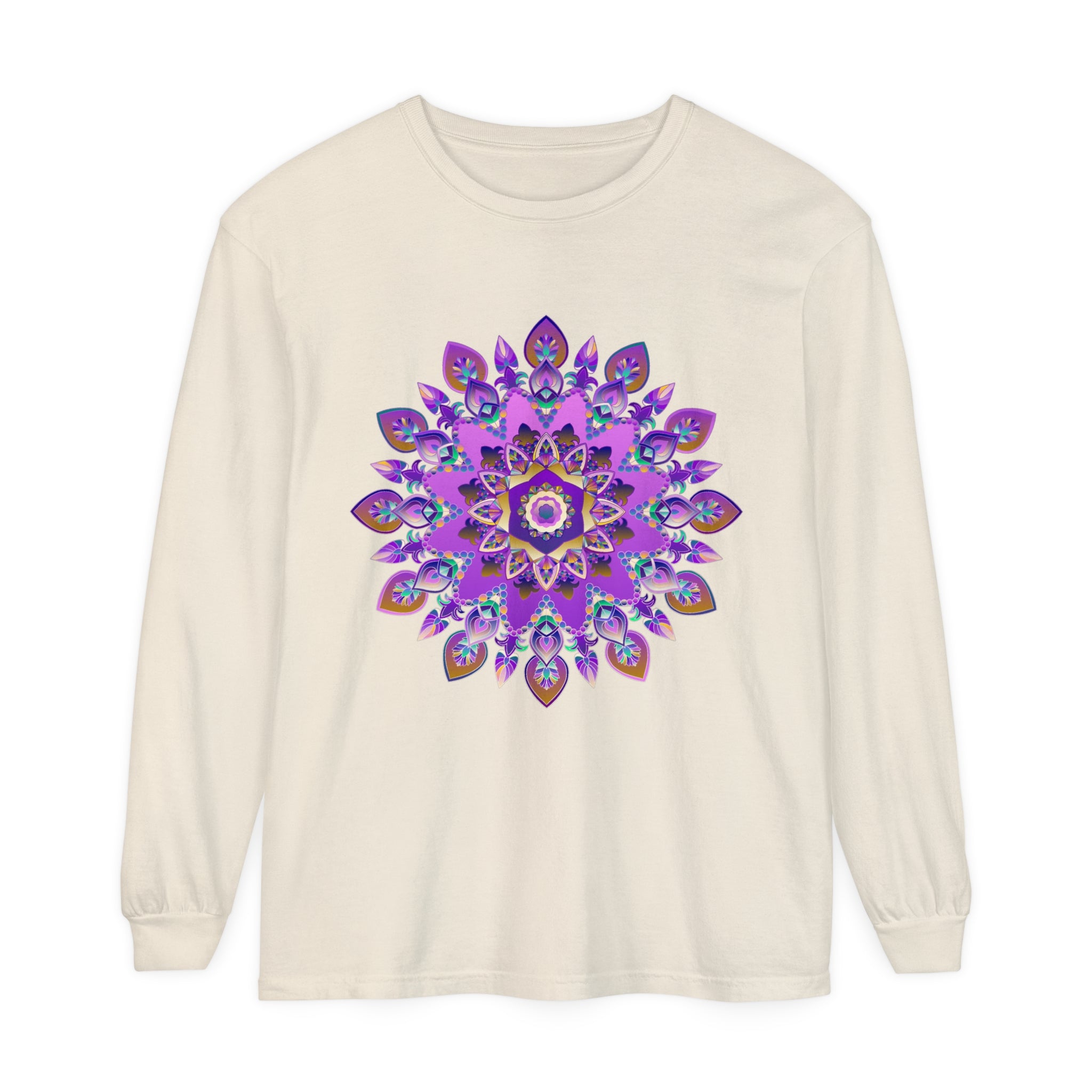 Vibrant purple and gold mandala design long sleeve t-shirt for women