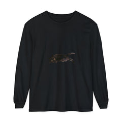 A cozy unisex long sleeve T-shirt featuring a black cat sleeping design