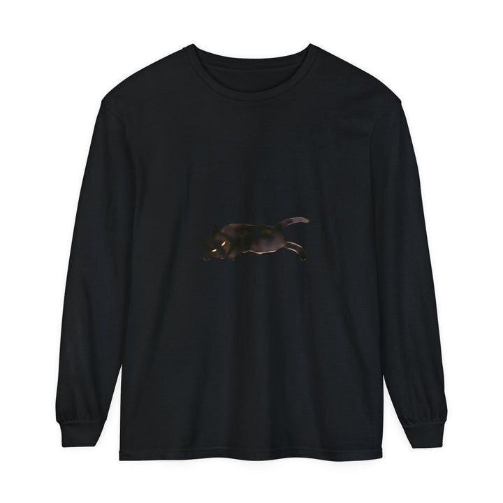 A cozy unisex long sleeve T-shirt featuring a black cat sleeping design