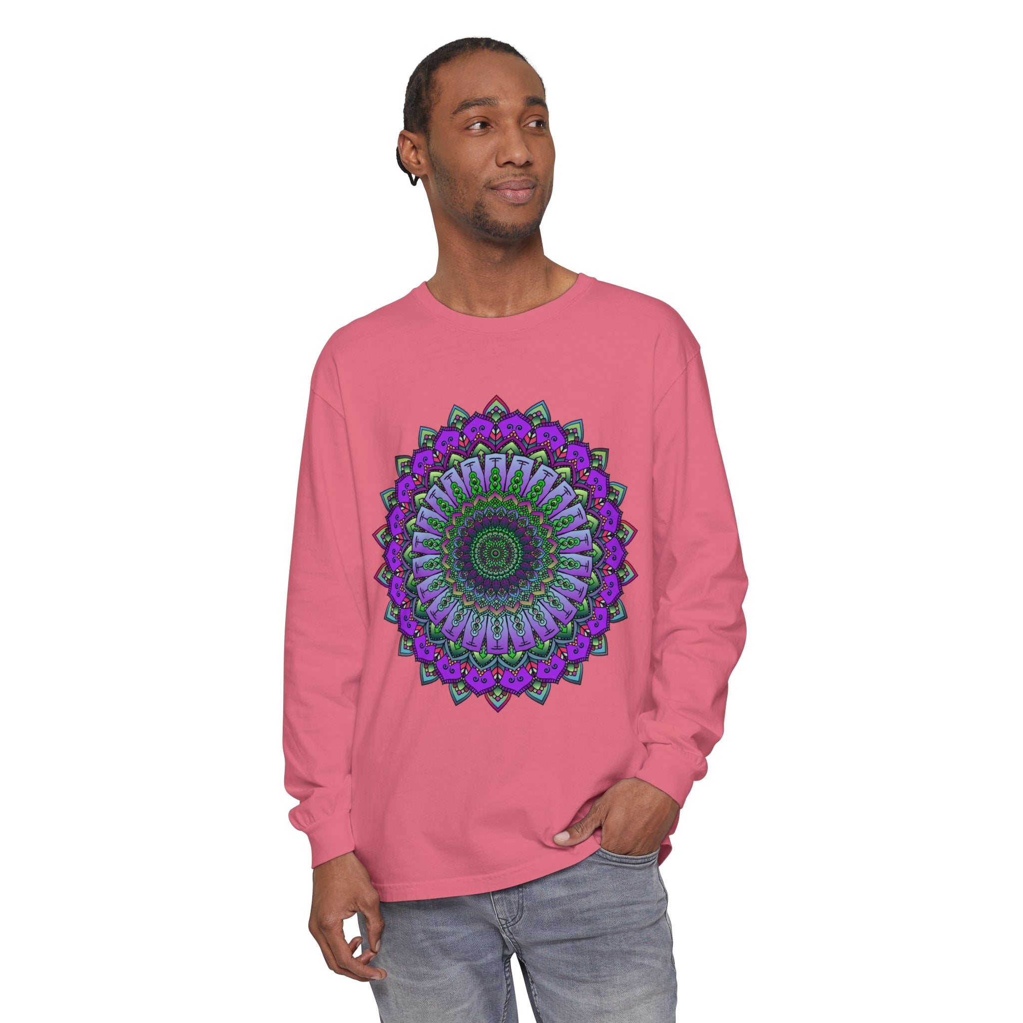 A close-up image of an intricate mandala design on a Unisex Long Sleeve T-Shirt