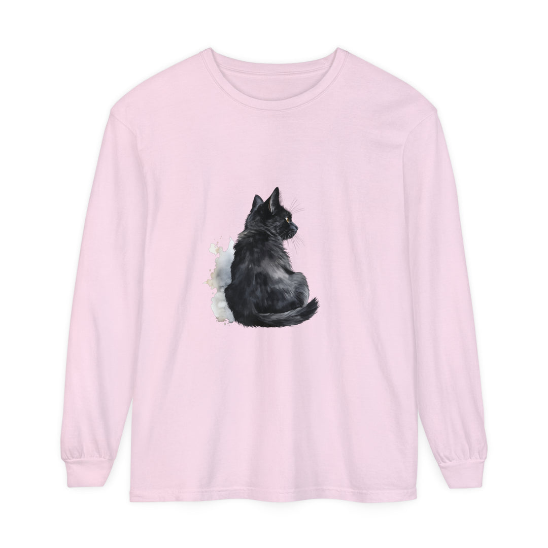 A vibrant watercolor illustration of a black cat on a unisex long sleeve t-shirt