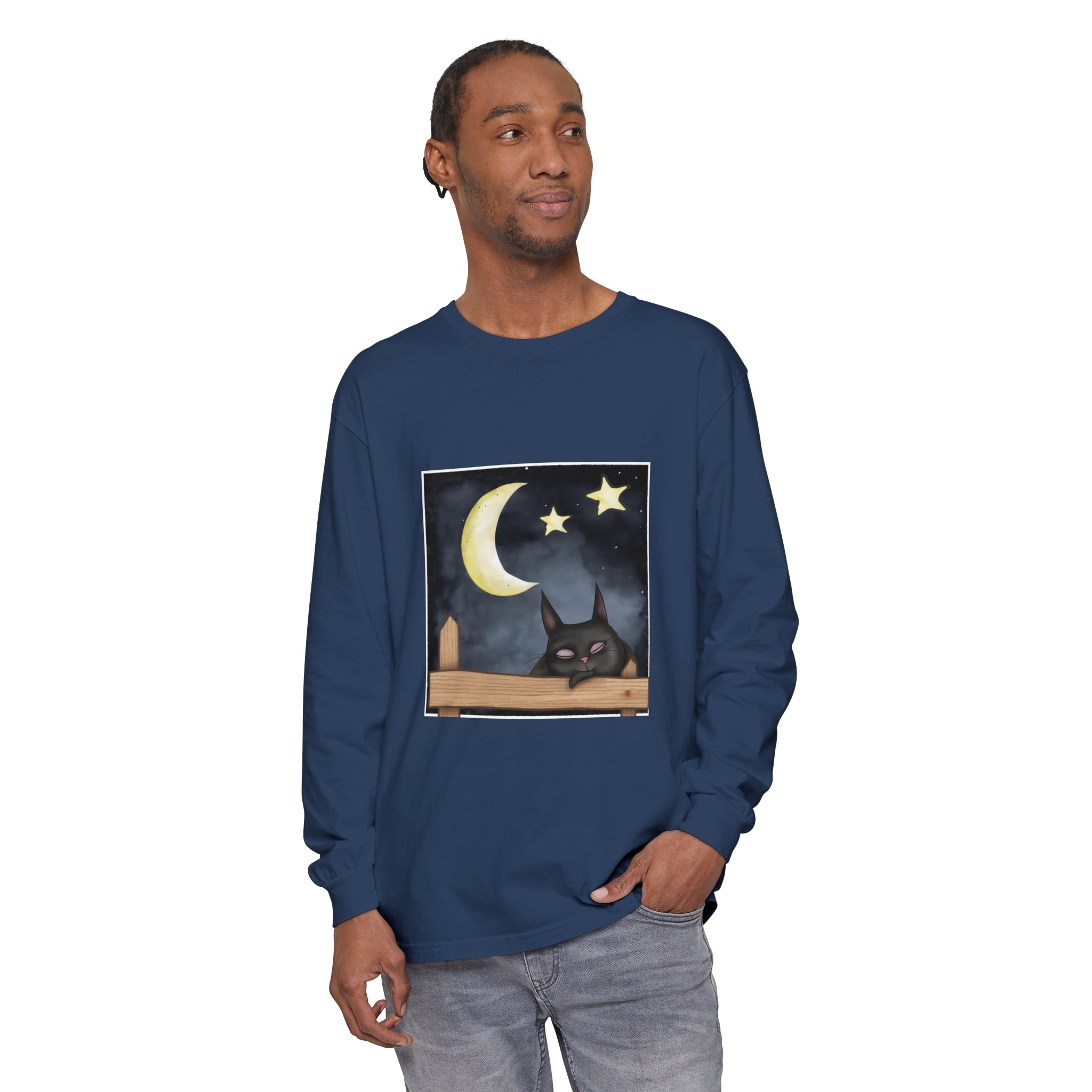 Comfortable Sleepy Cat Night Sky T-Shirt with a cute cat design and calming night sky background perfect for lounging or bedtime