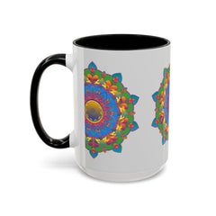 Colorful and detailed mandala flower artwork on grey cup