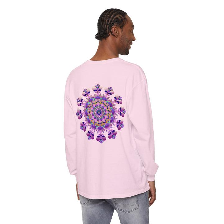 A close-up photo of a unisex long sleeve T-shirt with an intricate mandala design