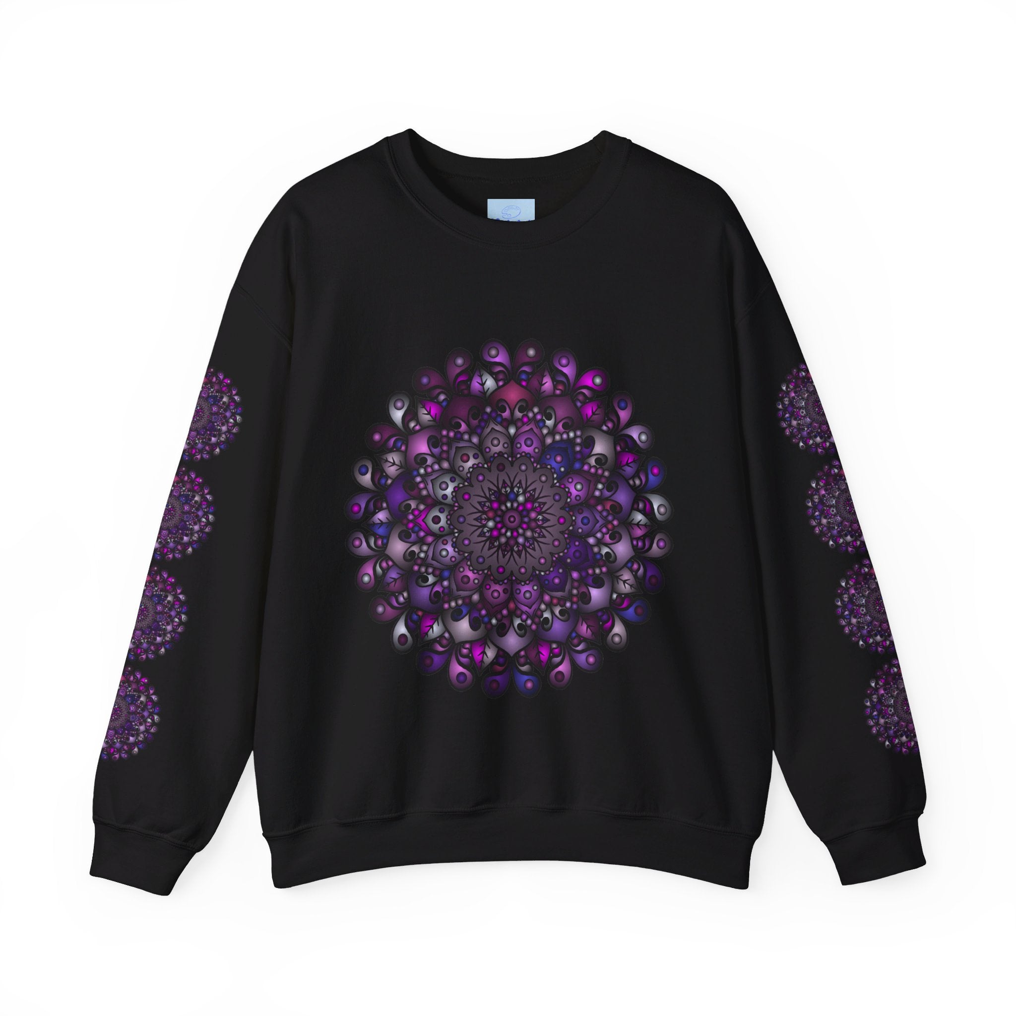 Unisex Heavy Blend™ Crewneck Sweatshirt with Purple Mandala Design, a cozy and stylish option for both men and women, featuring a detailed mandala pattern in a vibrant purple hue