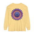 A close-up image of a detailed and colorful mandala design printed on a unisex long sleeve T-shirt suitable for both men and women