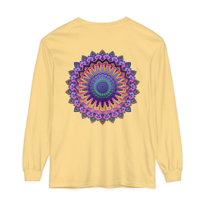 A close-up image of a detailed and colorful mandala design printed on a unisex long sleeve T-shirt suitable for both men and women