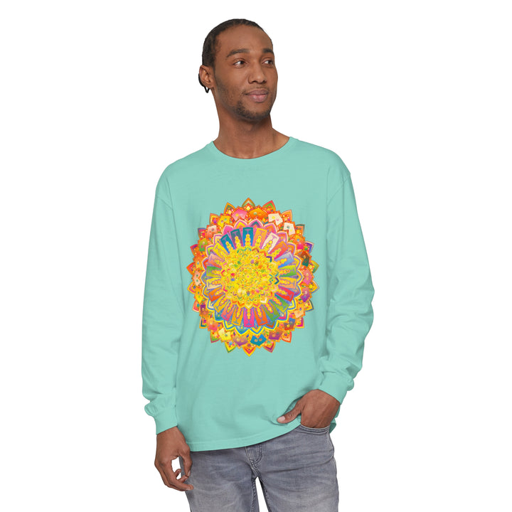 A detailed and vibrant mandala design printed on a unisex long sleeve t-shirt