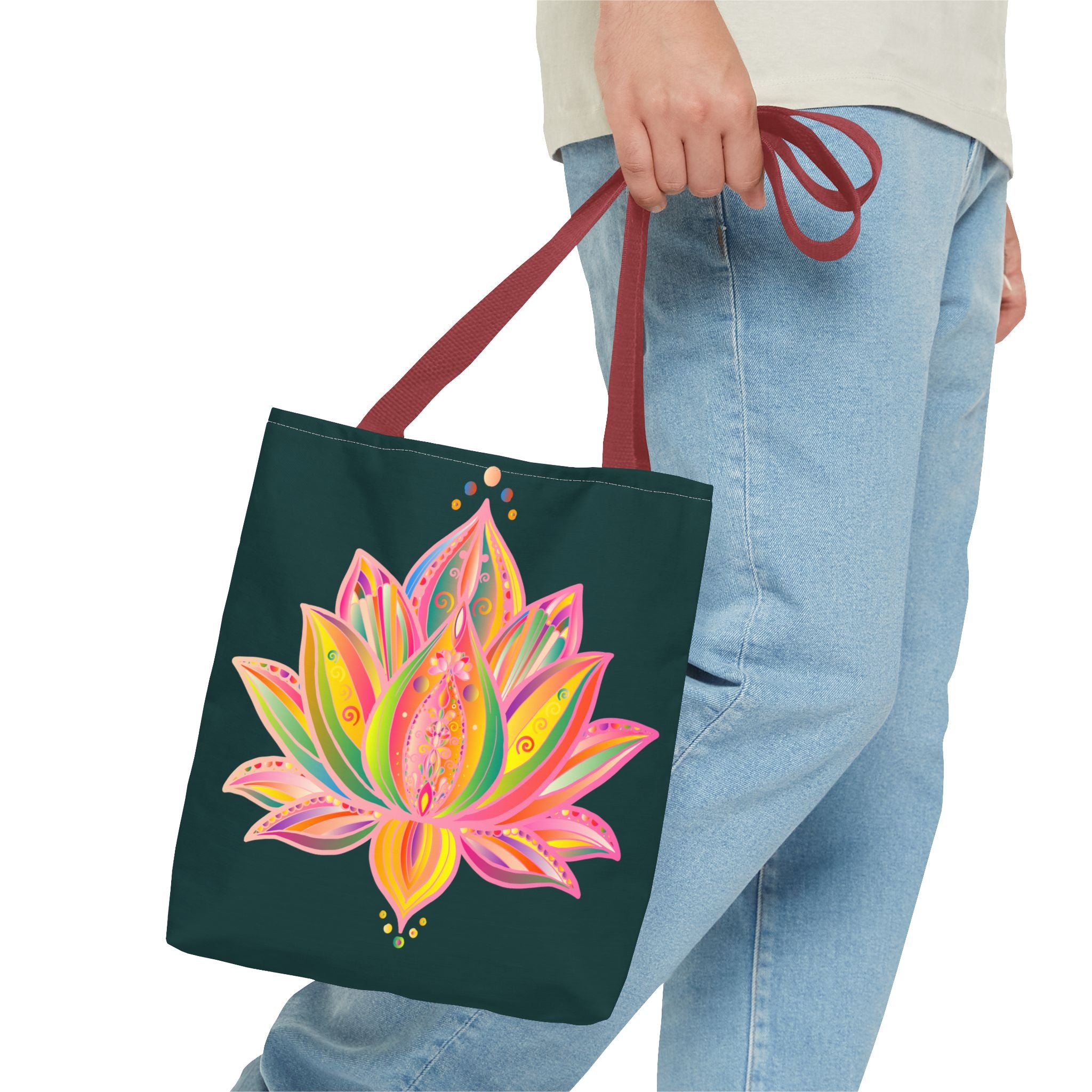 Colorful Mandala Lotus Tote Bag with intricate floral design and spacious interior for stylish and practical everyday use