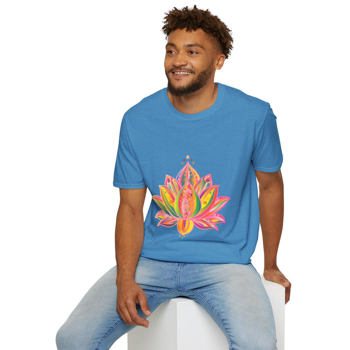 Hand-drawn lotus mandala design unisex t-shirt in blue by Blululi