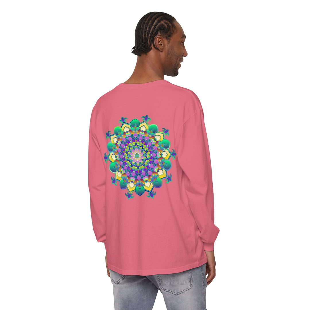 Colorful long sleeve t-shirt with intricate mandala design in vibrant hues