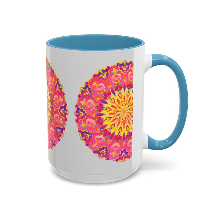 A vibrant and colorful mandala art mug in pink, yellow, and green