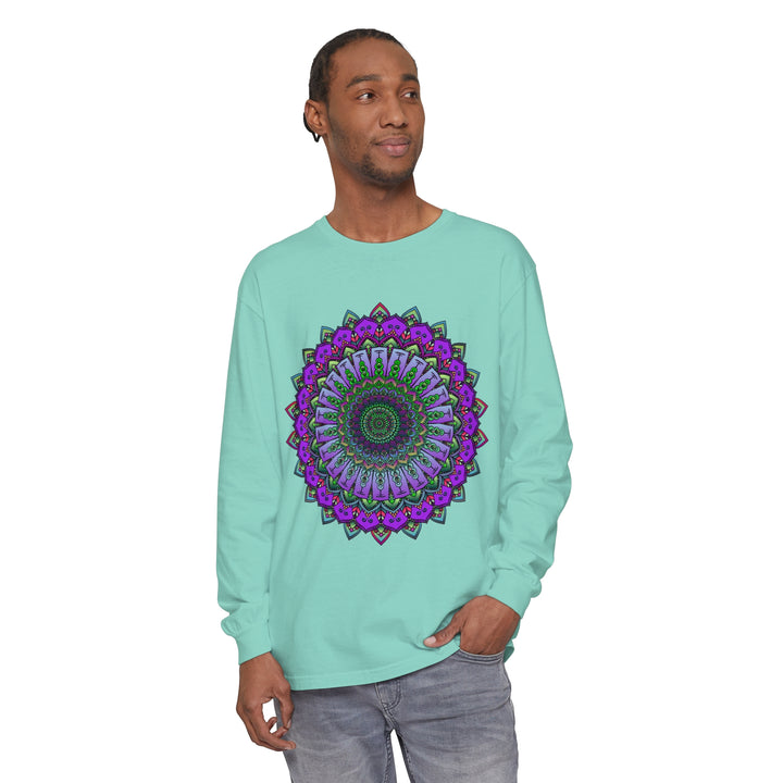 A detailed and colorful mandala design printed on a unisex long sleeve t-shirt