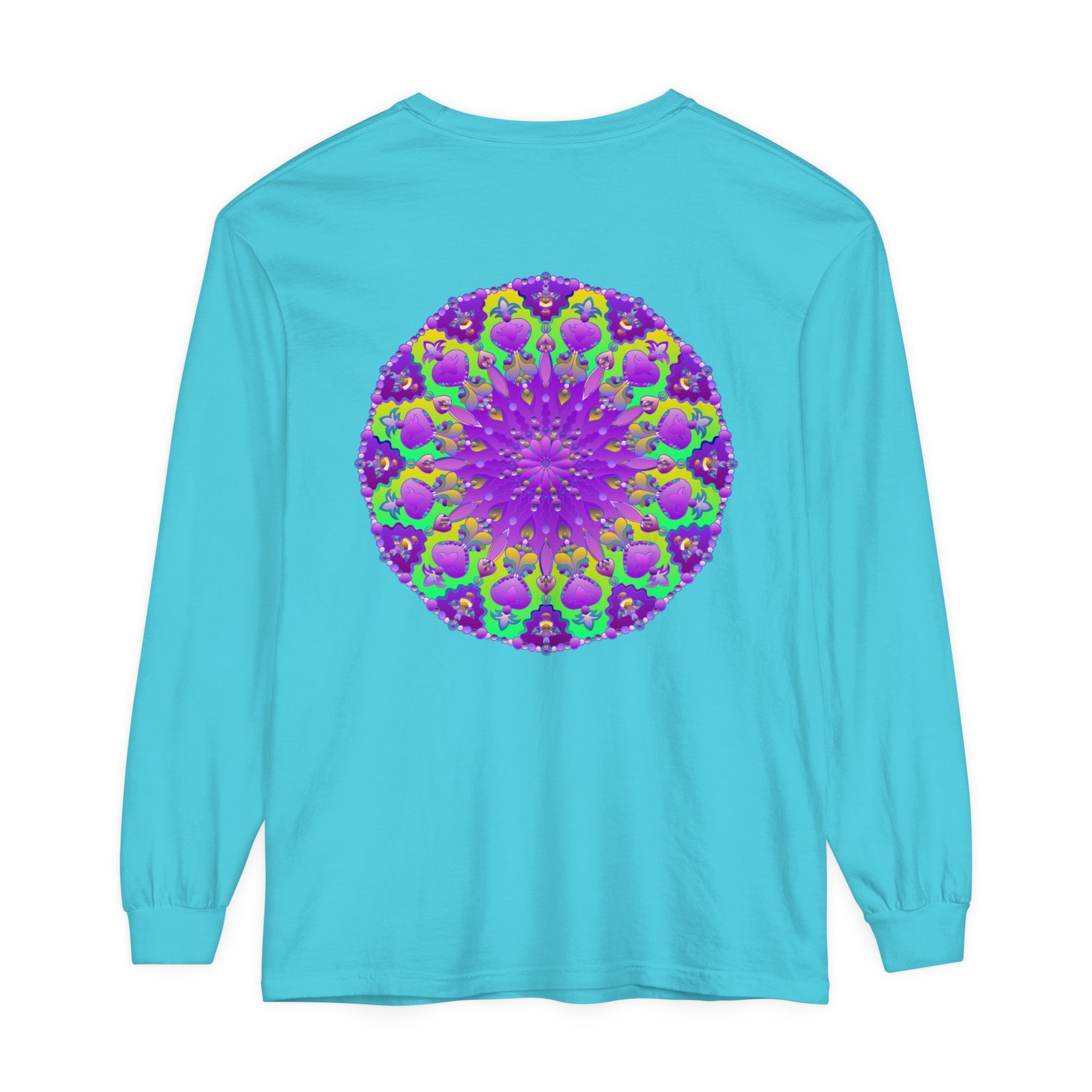 Vibrant purple and green mandala long sleeve t-shirt with intricate design