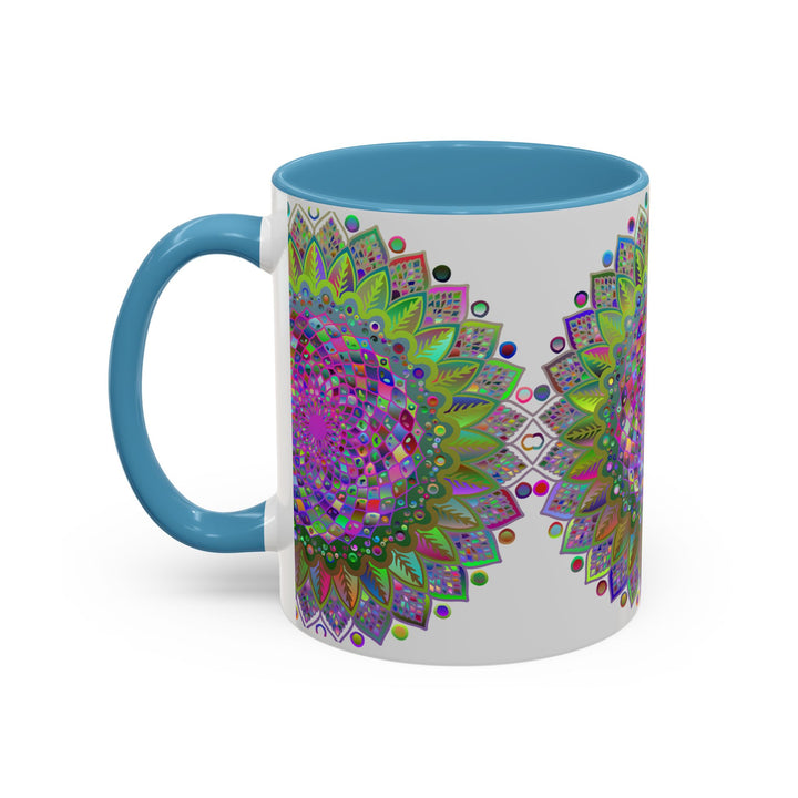 Colorful and vibrant psychedelic mandala design on a grey ceramic mug