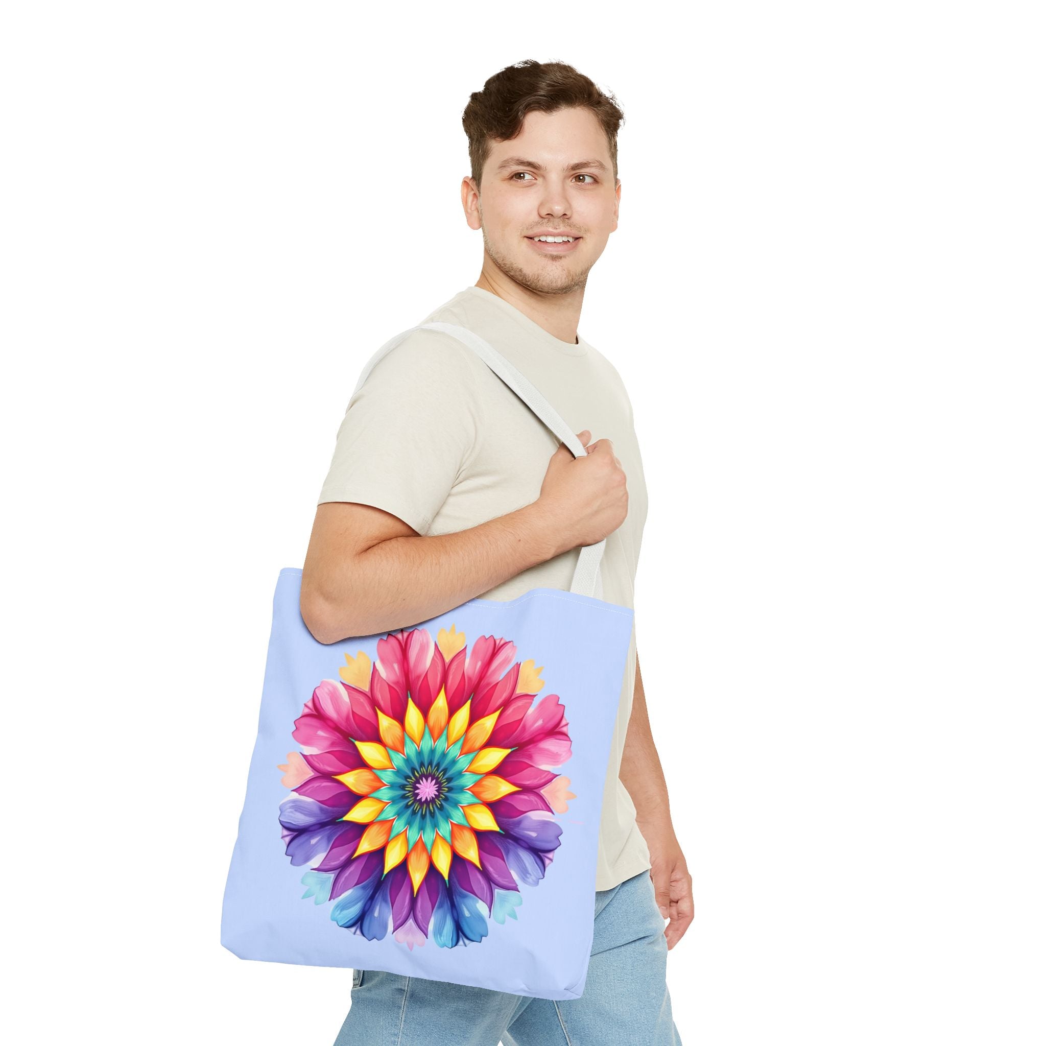 Colorful Rainbow Mandala Tote Bag with intricate design and durable straps