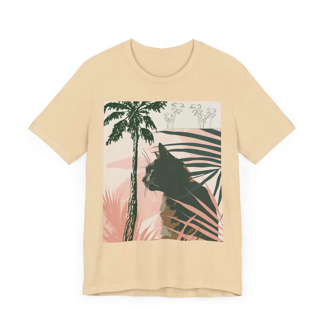 Black Cat Jungle Tee featuring a fierce black cat surrounded by lush tropical foliage on a soft, comfortable t-shirt