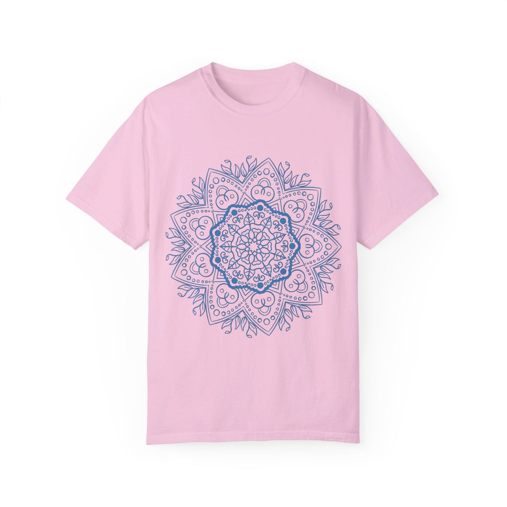 Unisex Mandala Tshirt in Garment-Dyed Handmade Design, Hand-Drawn Mandala Art