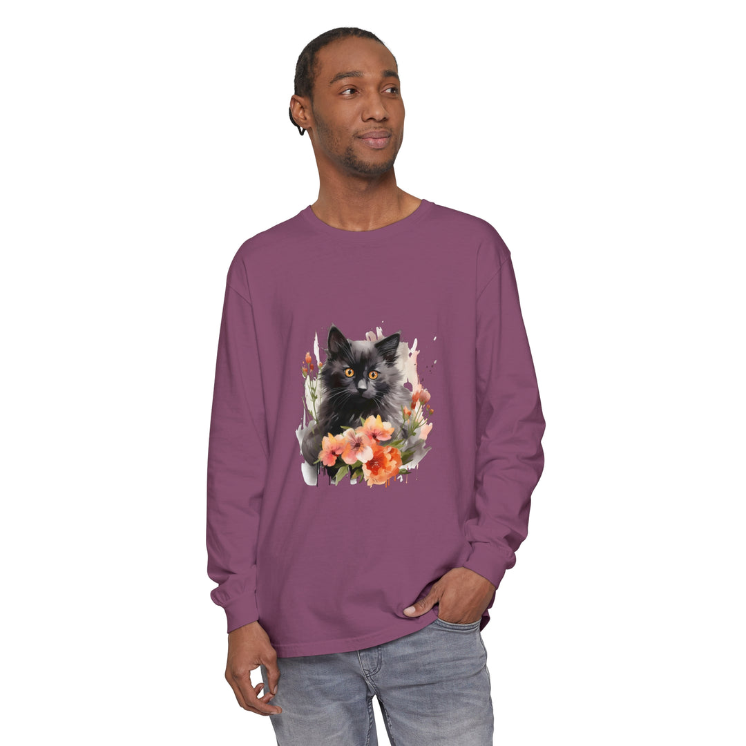 Beautiful black cat surrounded by vibrant flowers on watercolor-inspired t-shirt