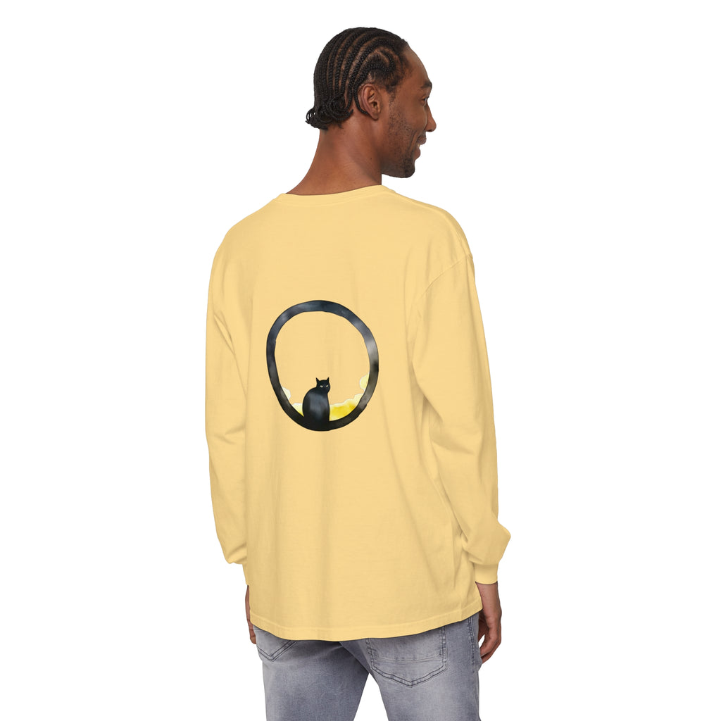 Black Cat Moon Glow Long Sleeve T-Shirt, a stylish and comfortable top featuring a black cat silhouette against a glowing moon backdrop