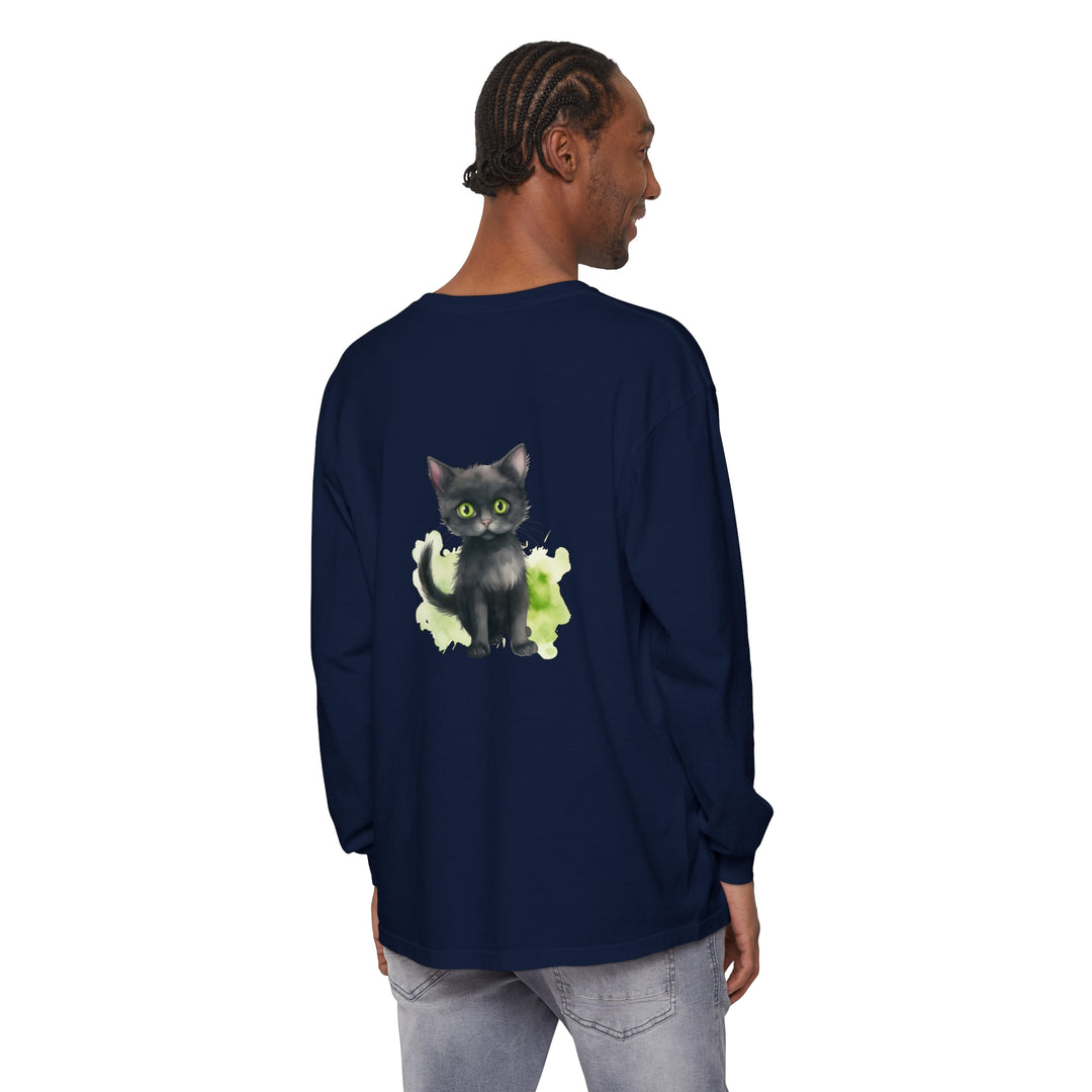 Black Cat Watercolor Long Sleeve T-Shirt with realistic cat graphic