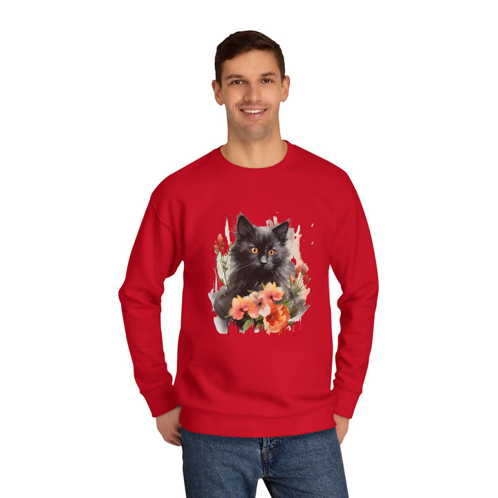 Black Cat and Blossoming Flowers Soft Cotton Sweatshirt