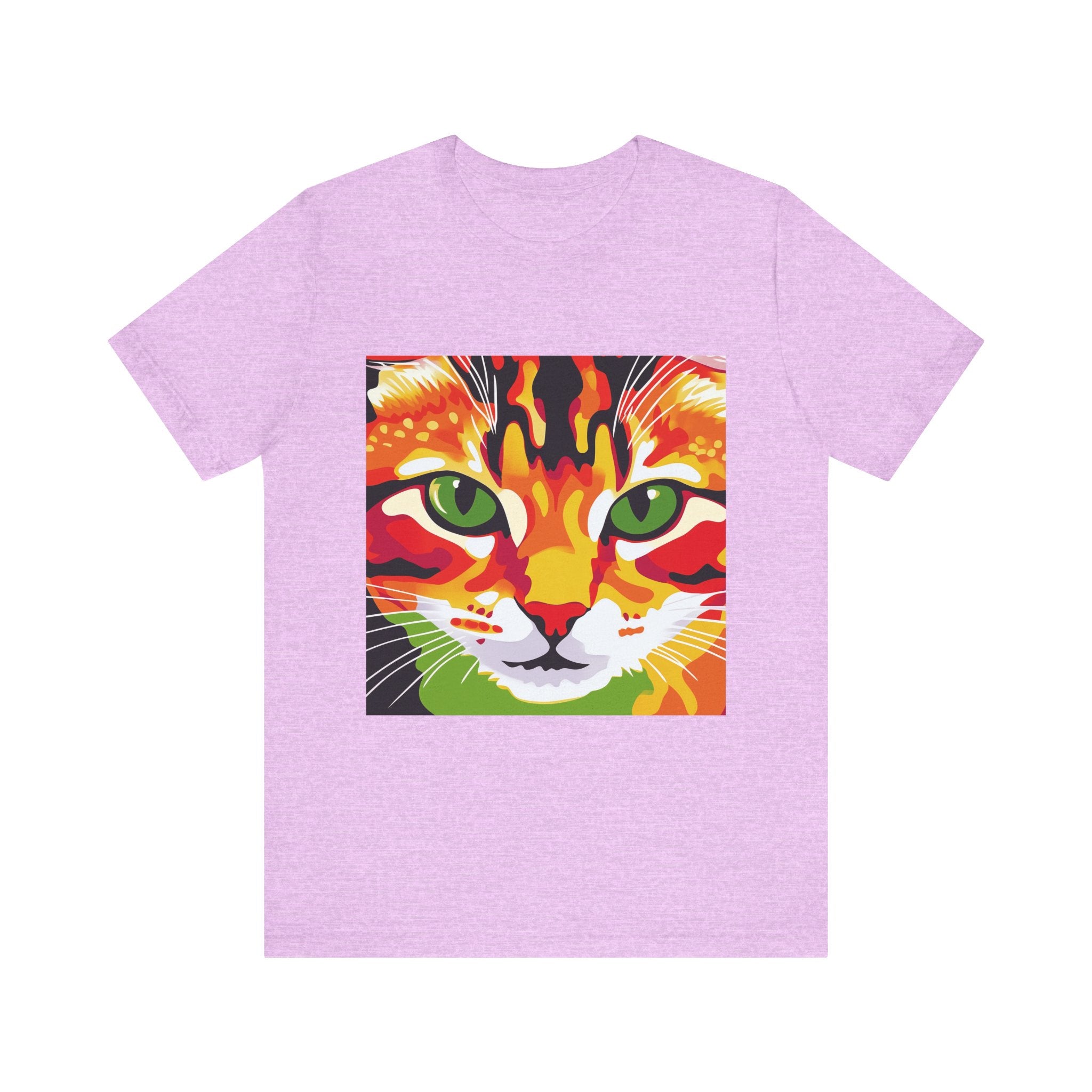 A vibrant and colorful abstract art design of a Savanna cat printed on a comfortable and stylish t-shirt