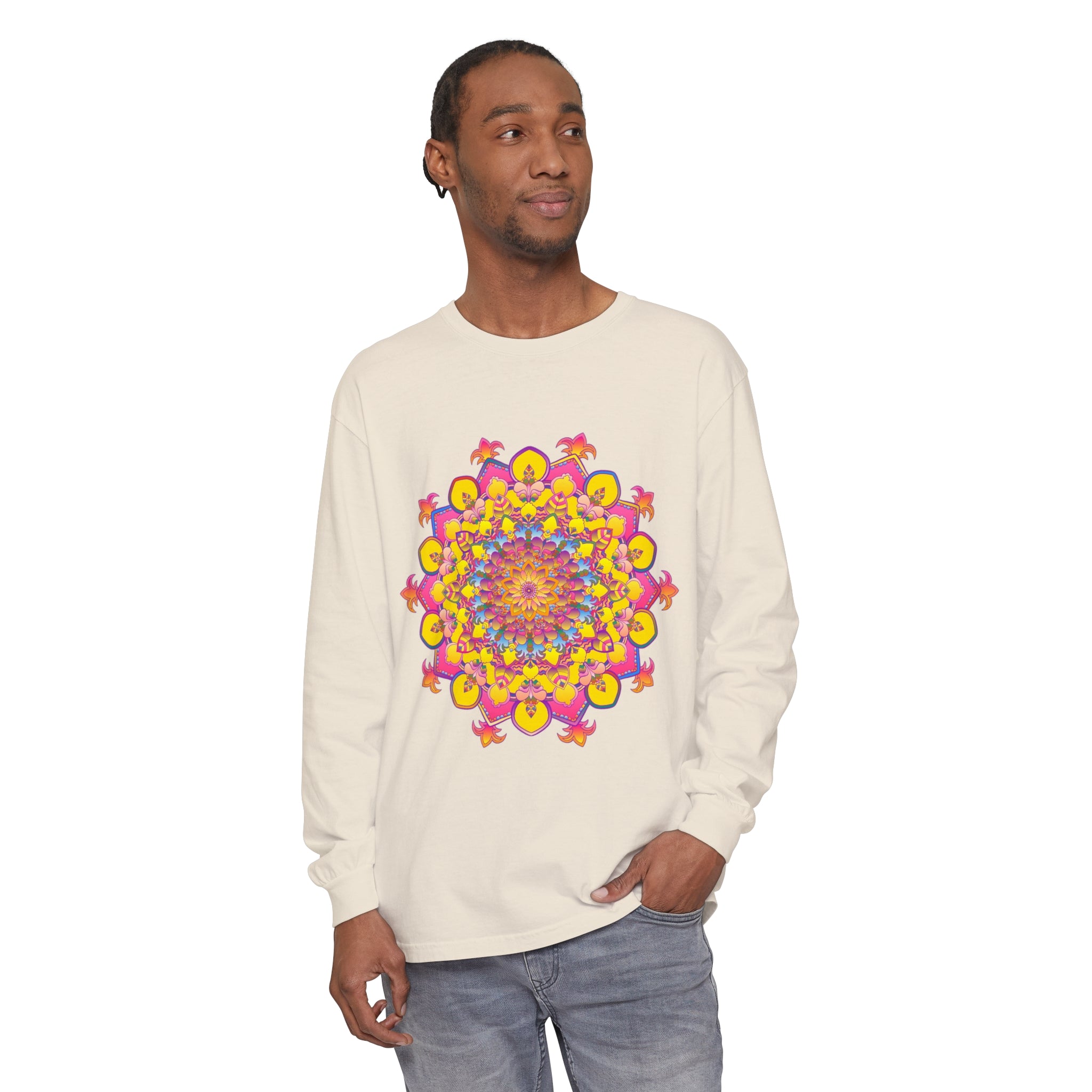 Colorful and intricate mandala design featured on a unisex, long-sleeve t-shirt