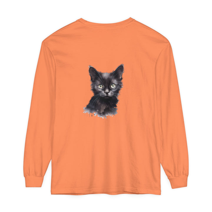 Black Cat Watercolor Long Sleeve T-Shirt featuring a realistic watercolor design of a black cat on a comfortable, long sleeve shirt