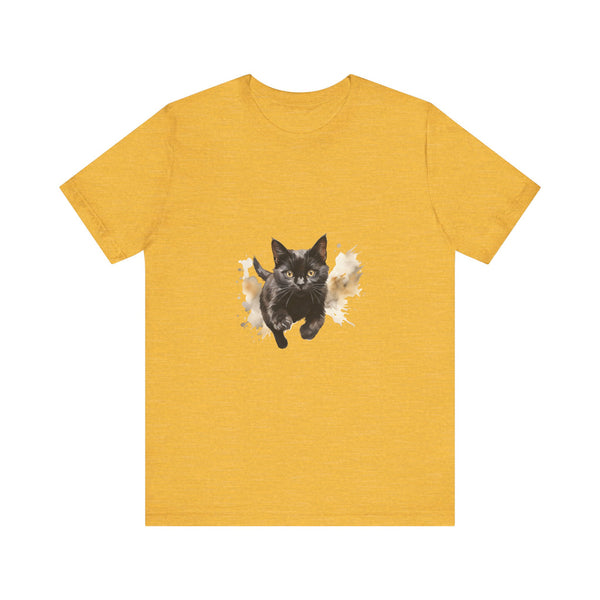 A close-up image of a black cat watercolor print t-shirt, featuring vibrant and detailed artwork of a cat in various shades of black, gray, and white with colorful splashes of watercolor paint