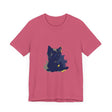 Midnight Blue Cat Mystery T-Shirt, a stylish and comfortable shirt featuring a mysterious cat design on a deep blue background