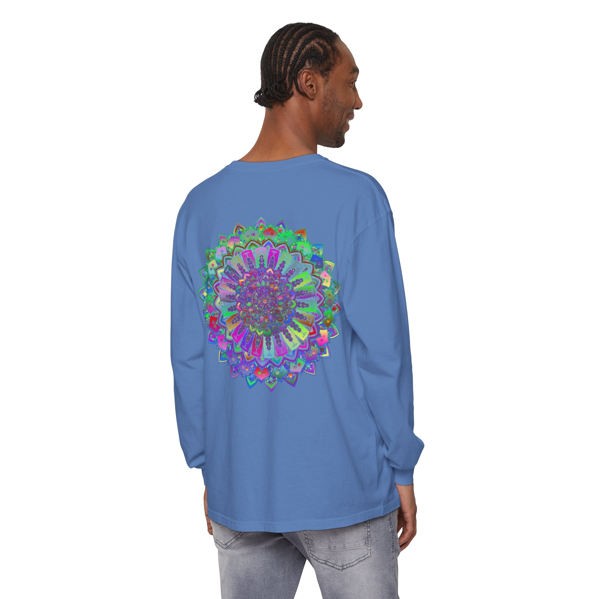 Colorful and intricate mandala design long sleeve t-shirt for vibrant fashion statement