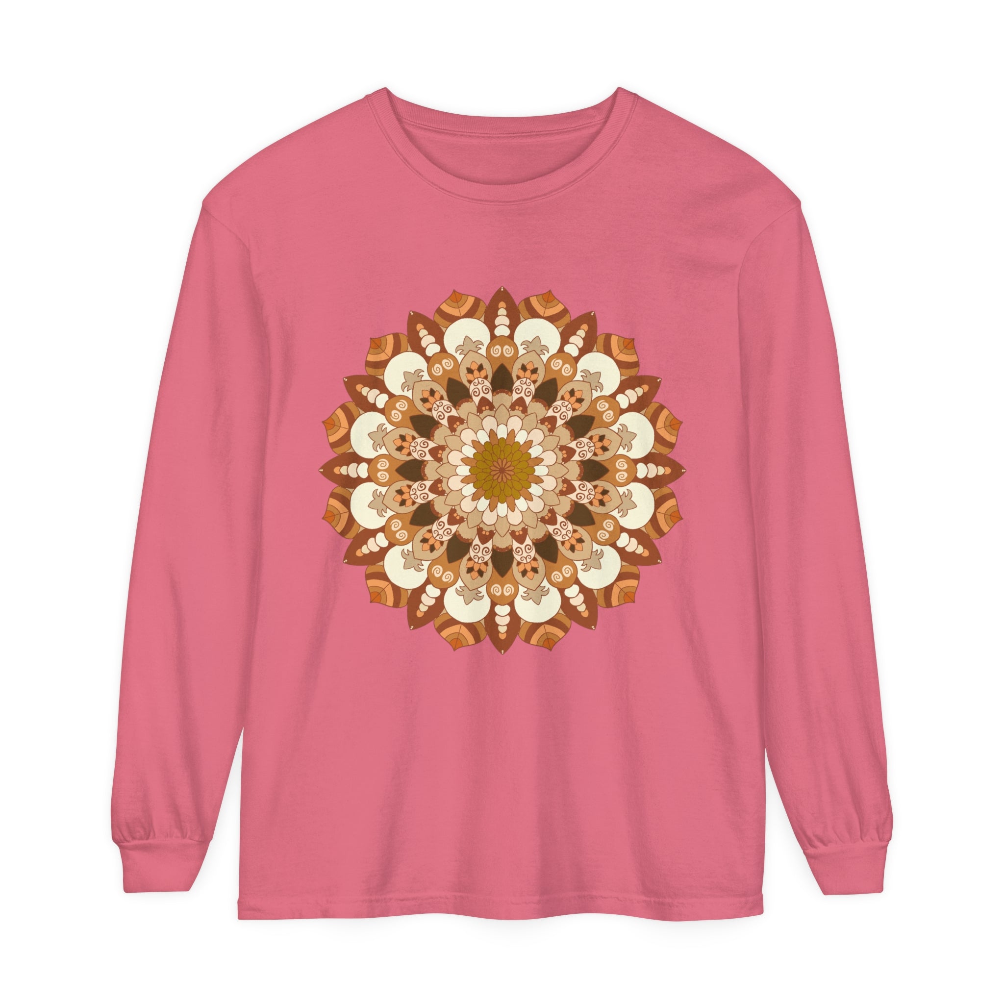 A close-up image of a detailed, colorful mandala design on a Unisex Long Sleeve T-Shirt