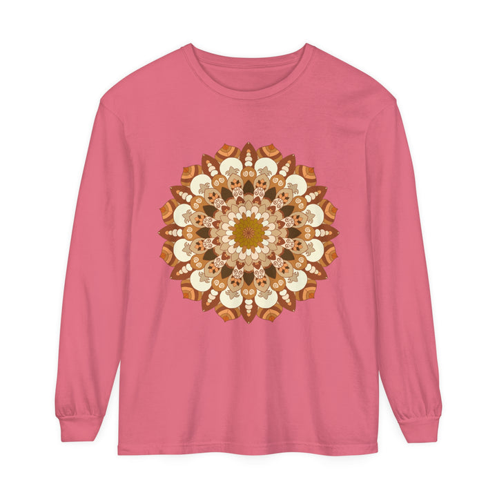 A close-up image of a detailed, colorful mandala design on a Unisex Long Sleeve T-Shirt