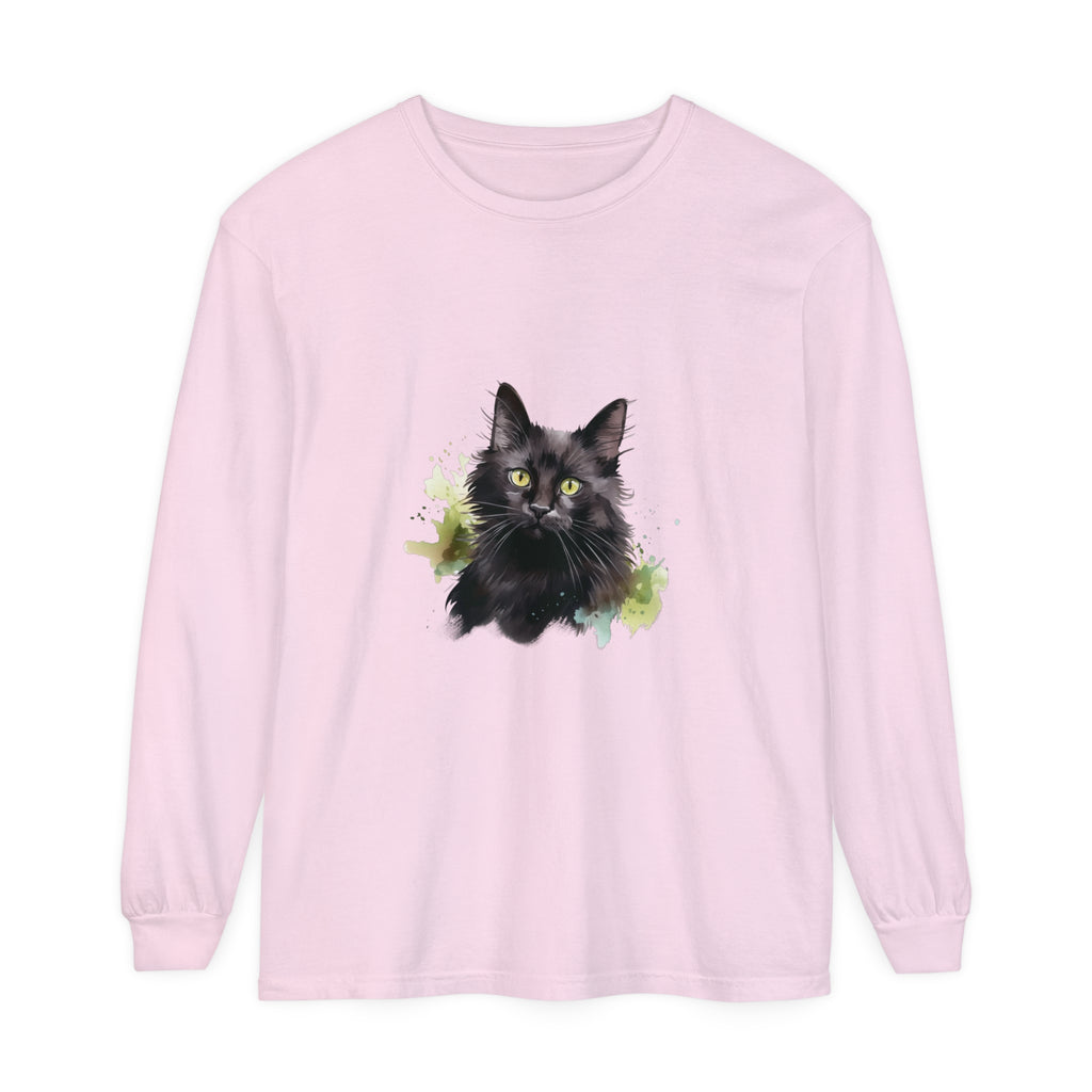 Black Cat Watercolor Splash Long Sleeve T-Shirt with vibrant design