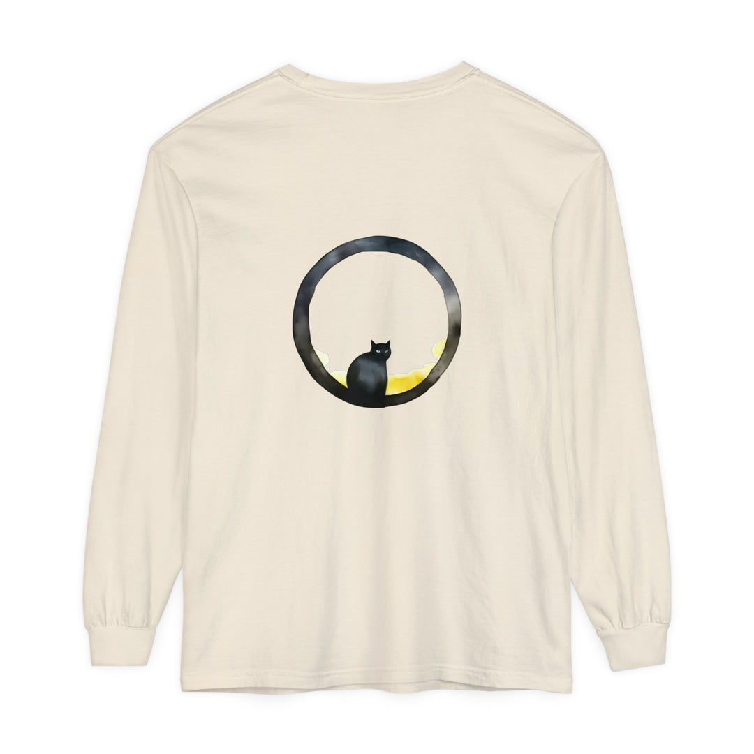 Black Cat Moon Glow Long Sleeve T-Shirt with a black cat design and moonlight glow on a cotton fabric