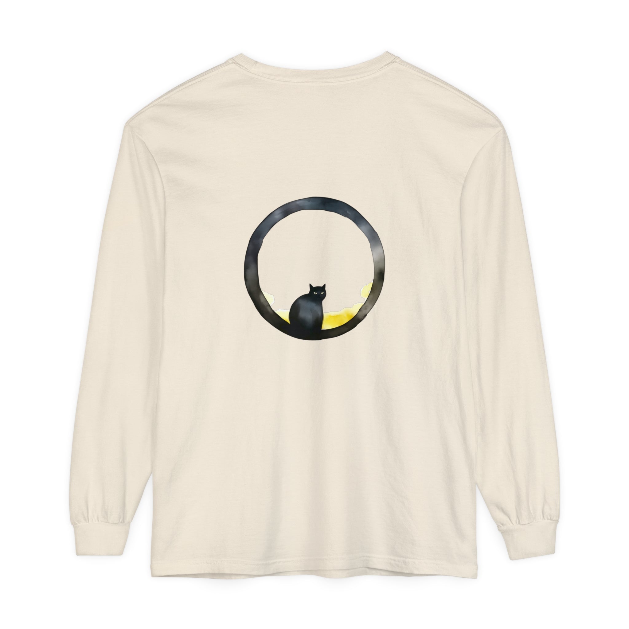 Black Cat Moon Glow Long Sleeve T-Shirt with a black cat design and moonlight glow on a cotton fabric