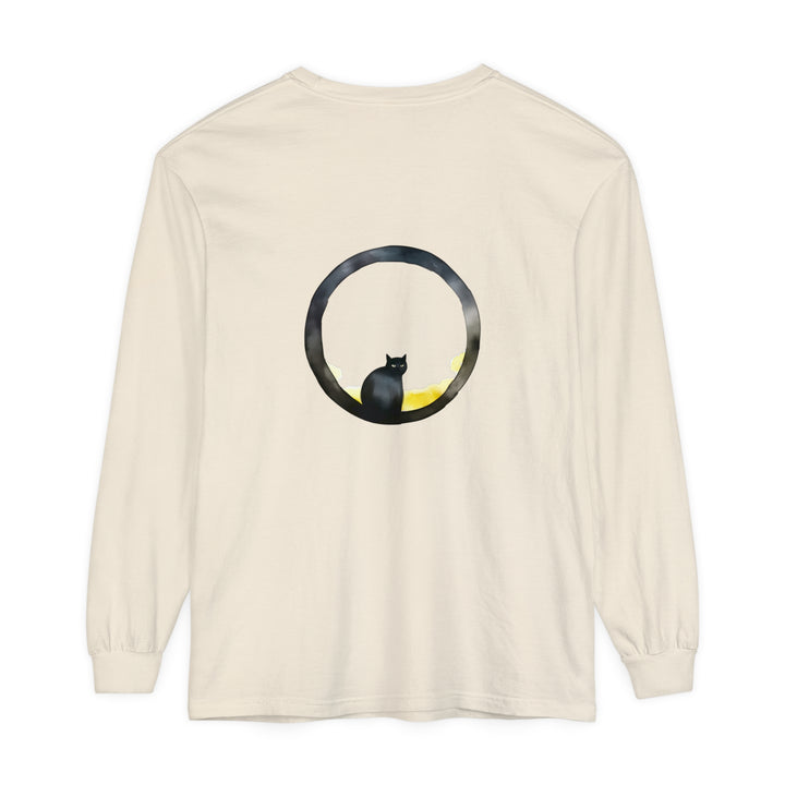 Black Cat Moon Glow Long Sleeve T-Shirt with a black cat design and moonlight glow on a cotton fabric