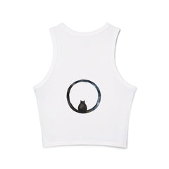 Black Cosmic Enigma Racerback Tank Top with vibrant blue and purple galaxy print