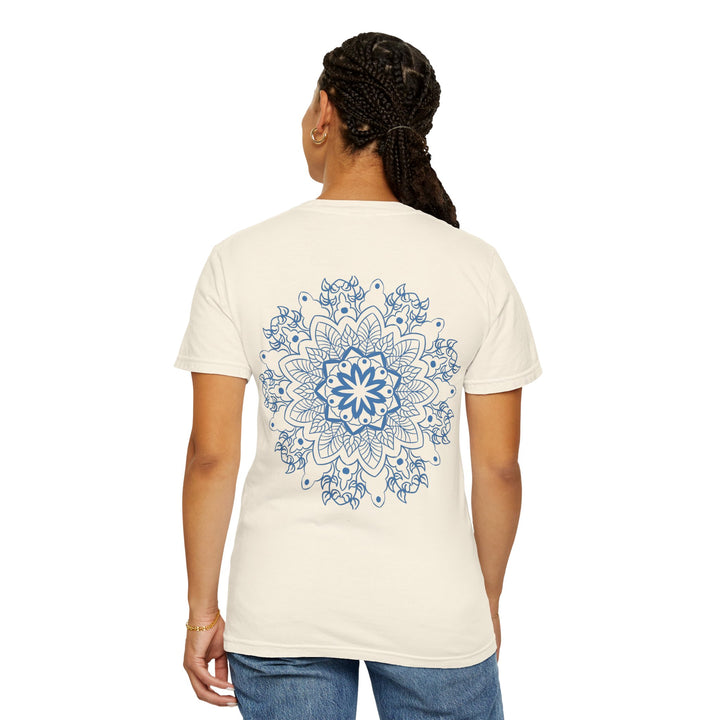 Colorful hand-dyed unisex t-shirt with intricate mandala art design