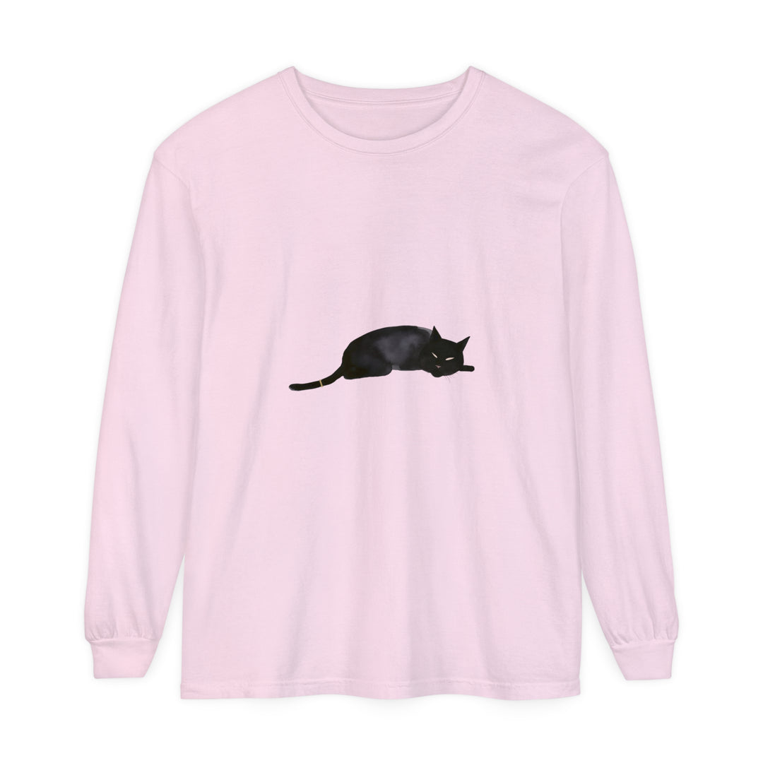 Adorable black cat sleeping peacefully on a unisex long sleeve t-shirt