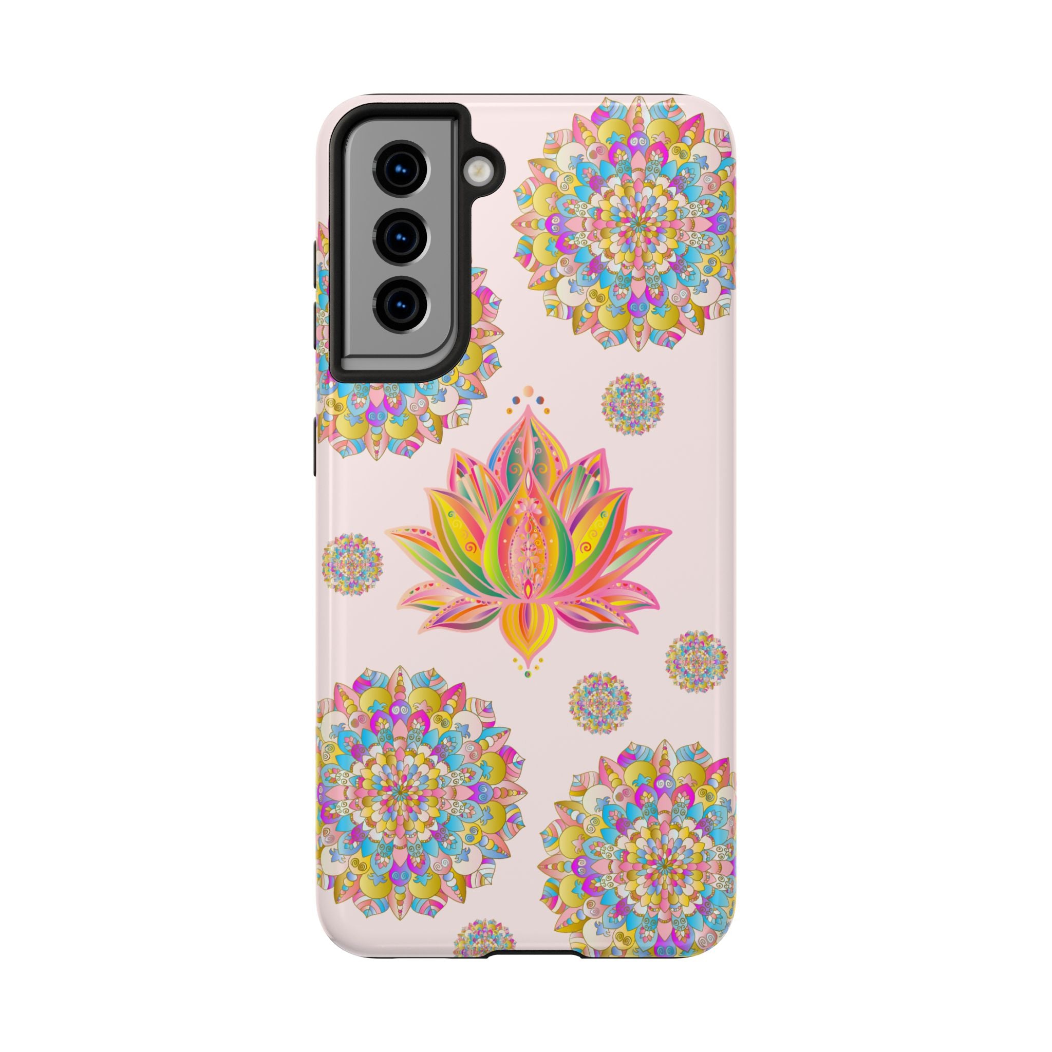 Beautiful light pink phone case with intricate lotus flower mandala design