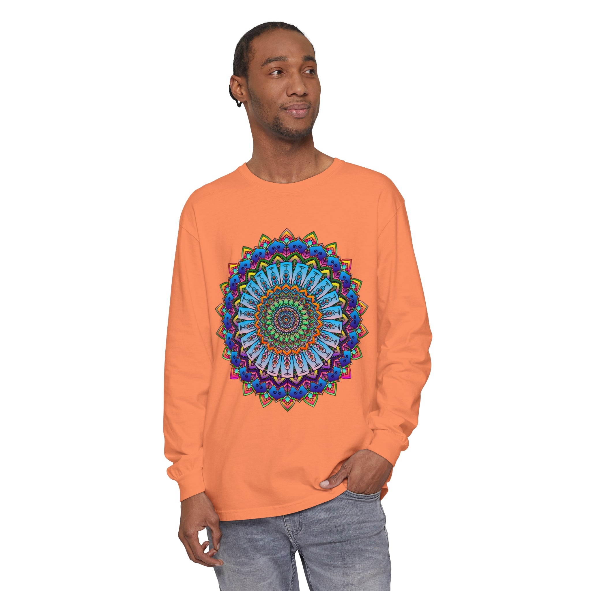 Unisex long sleeve t-shirt with captivating and colorful mandala design