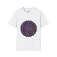 Softstyle unisex t-shirt featuring hand-drawn purple mandala art design