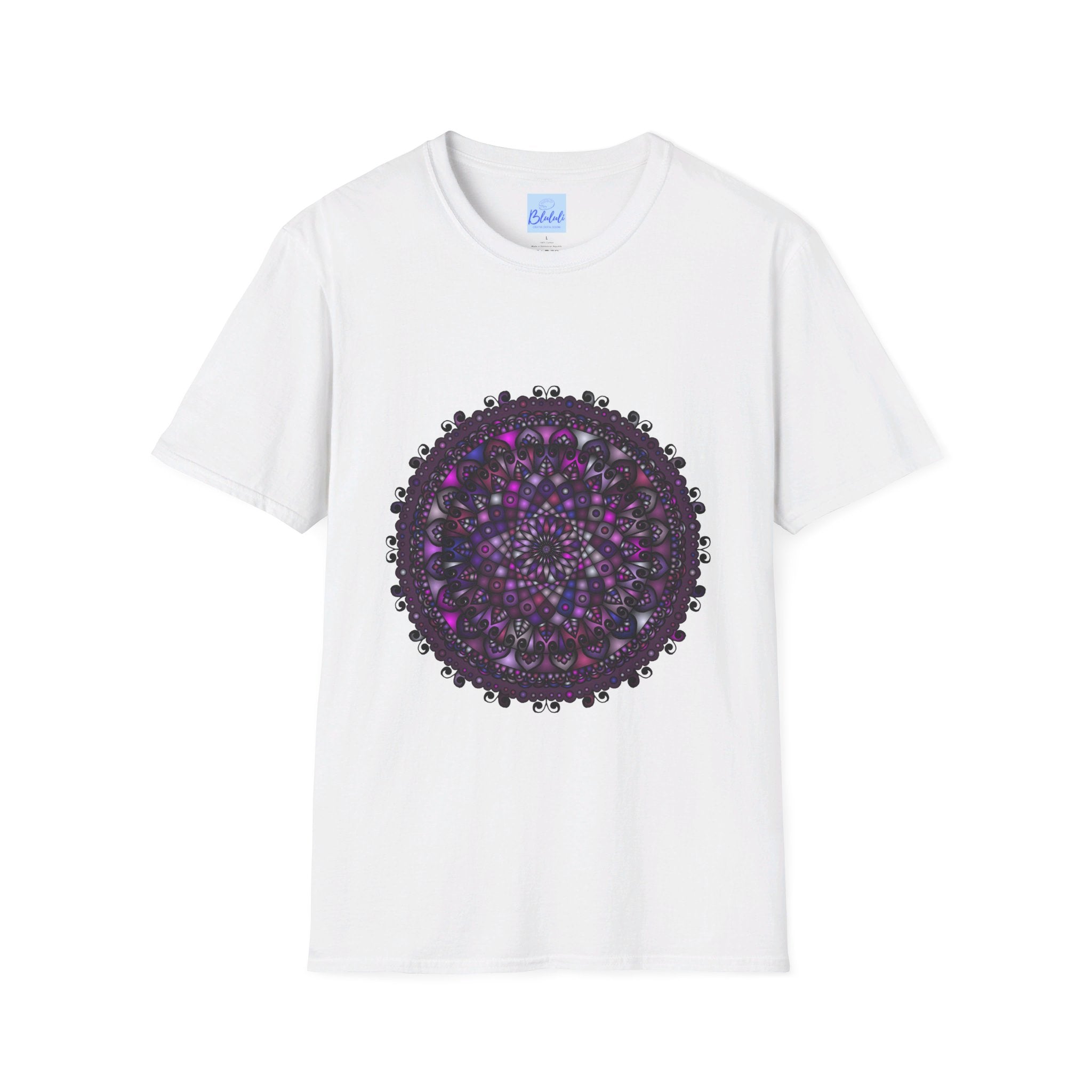 Softstyle unisex t-shirt featuring hand-drawn purple mandala art design