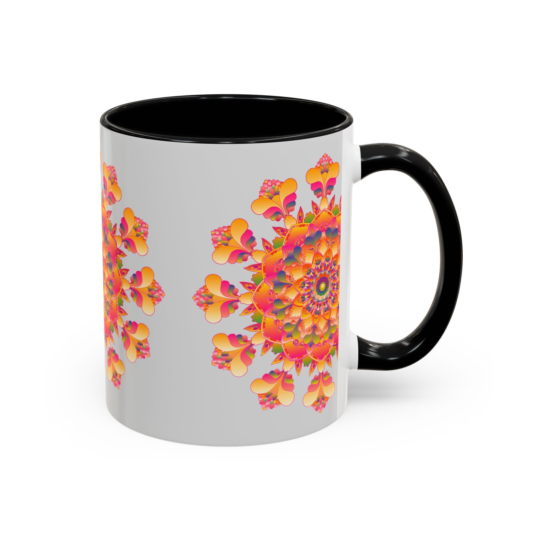 A vibrant and intricate mandala art mug featuring a colorful floral design