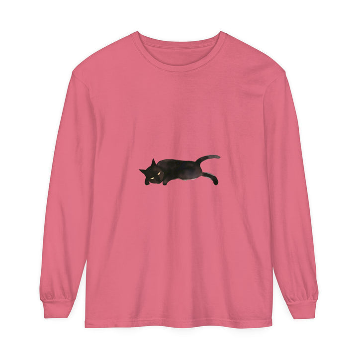 A cozy unisex long sleeve t-shirt featuring a sleeping black cat design