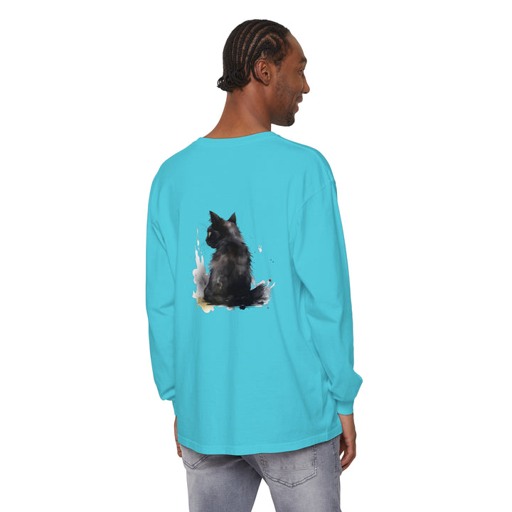 Black Cat Watercolor Dream long sleeve t-shirt with vibrant and detailed watercolor cat design on a black background