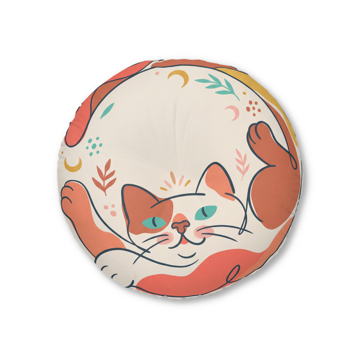 Round Tufted Floor Pillow — Boho Cat Illustration